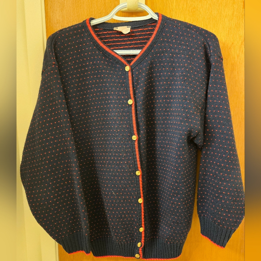 Vintage Felicia M Navy Blue Cardigan with red trim & ❤️s. Anchor gold buttons.